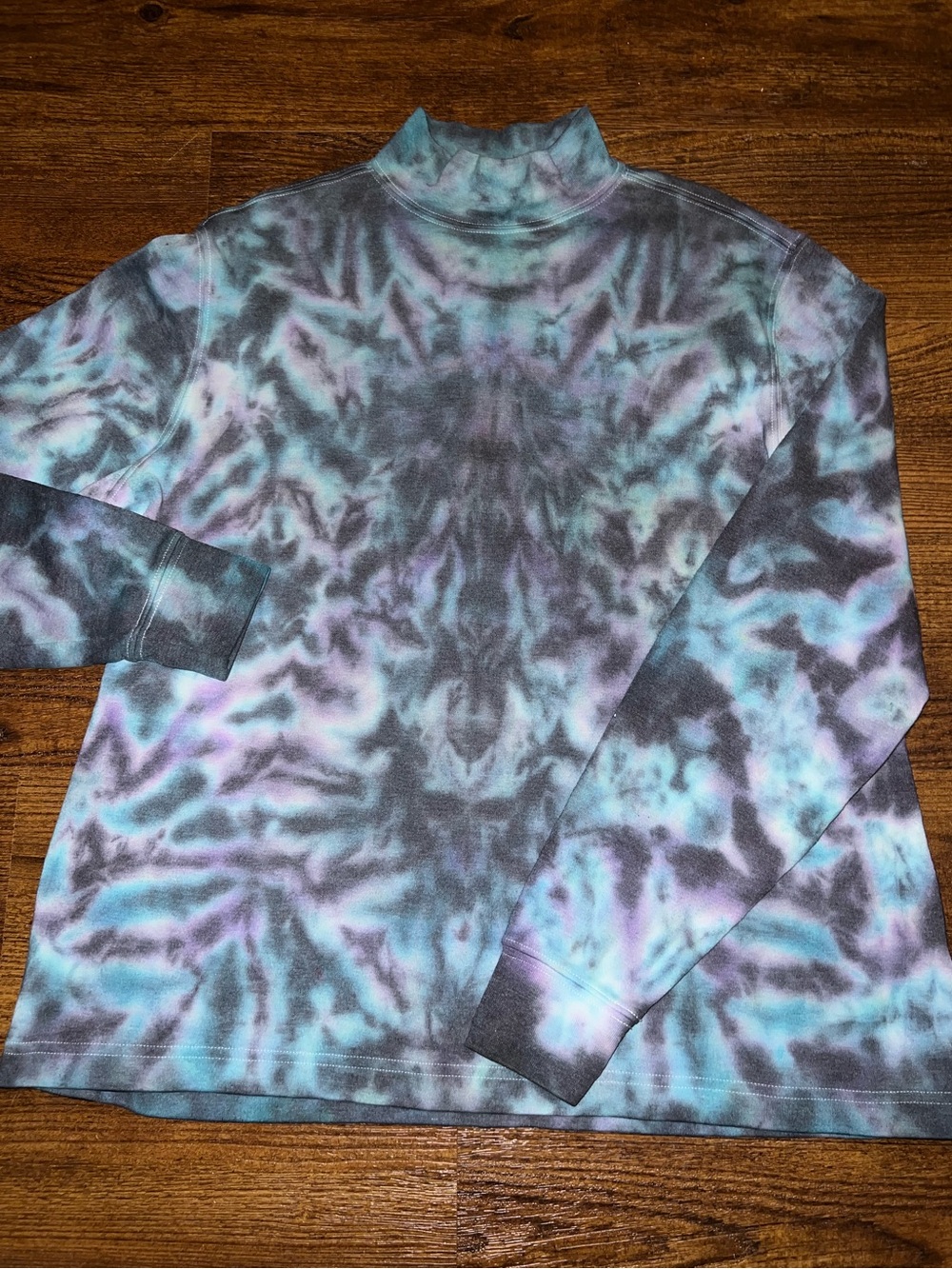 Teal Mock Neck Tie Dye Long Sleeve Sweatshirt Purple Psychedelic Hippie Size M - Picture 3 of 10